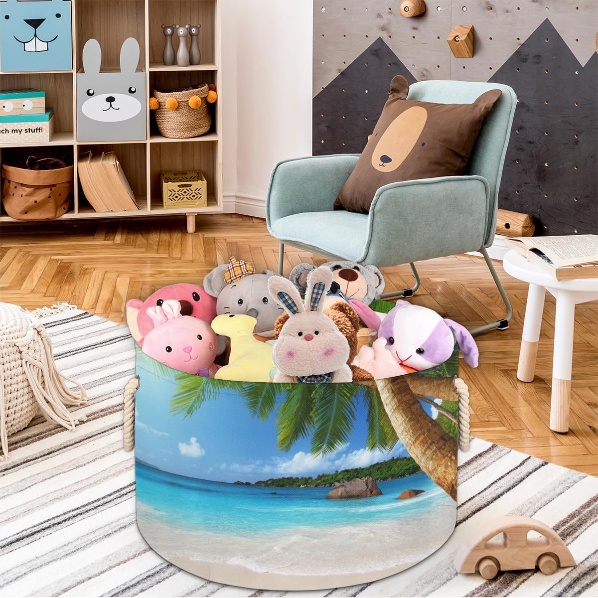 Summer Sea Beach Palm Tree Large Storage Basket Round Laundry Basket with Handle Organization Collapsible Storage Bins Box Hamper for Kids Toy Clothes Nursery Bedroom Living Room Decor