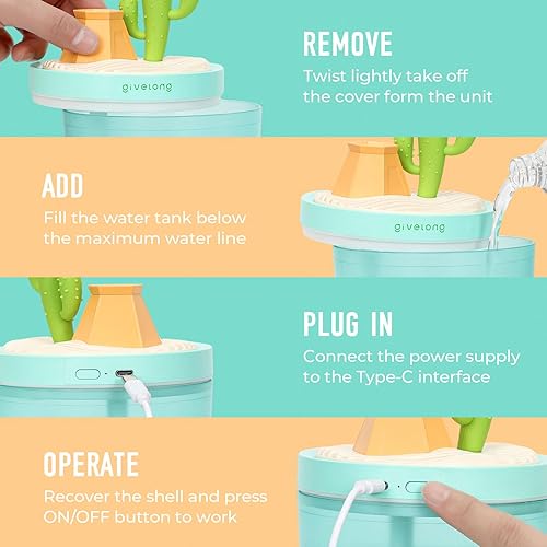 Miniatura 6 de Mini Humidificador de Cactus, Lindos Humidificadores de Escritorio para Dormitorio, 320ml (10.8 fl oz) Humidificación Portátil de Niebla Fría
