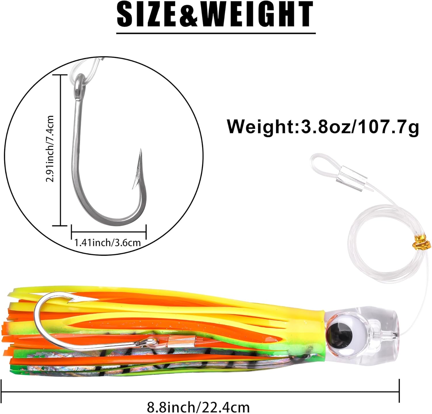 Saltwater Trolling Lure Fishing Lures for Marlin Tuna Mahi Dolphin Durado Wahoo Rigged Trolling Lure Bait Rigged Squid Skirts Leader Hooks Offshore Big Game Lures