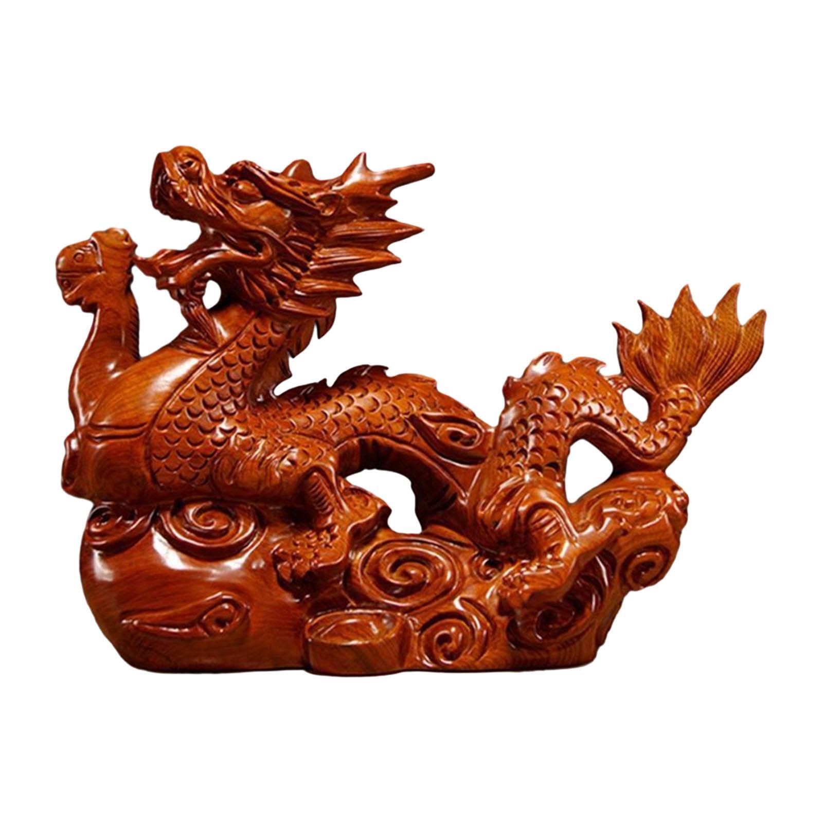 Ououlajy Wooden Carved Chinese Dragon Statue Fengshui Ornament For Housewarming Gift Style A Rosewood 10 Cm