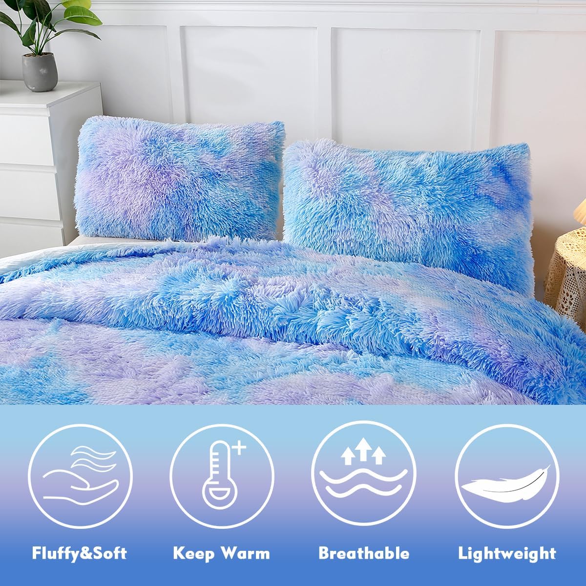 PERFEMET 3 Pcs Blue Plush Shaggy Comforter Queen Size Tie Dye Long Faux Fur Rainbow Bedding Set for Girls Ultra Soft Warm Fluffy Furry Bed Sets(Blue, Queen) - Image 3