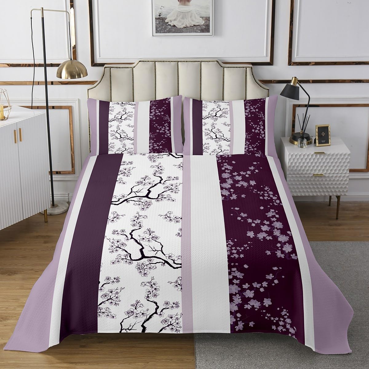 Feelyou Purple Floral Bedspread King Size Cherry Blossoms Coverlet Set Stripe Line Quilt Set Modern Geometric Bedding Cover for Boys Girls Kids Adults