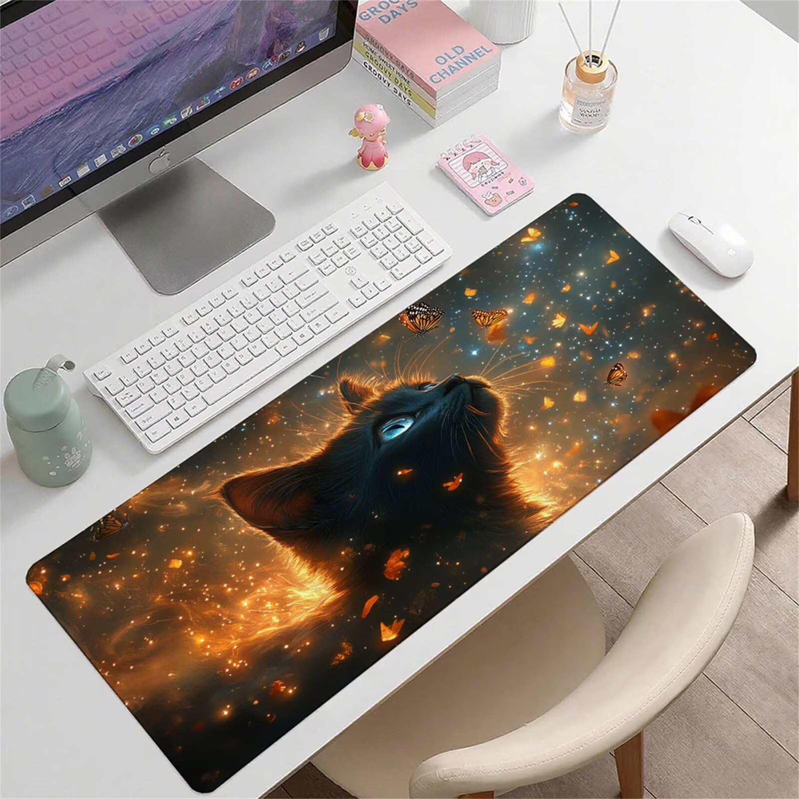 Czarna podkładka pod mysz XXL 1500 x 800 x 3 mm kot pod ręką akcesoria na biurko antypoślizgowa gumowa podstawa i szyte krawędzie podkładka pod mysz dla graczy do biura deco, prezenty dla mężczyzn
