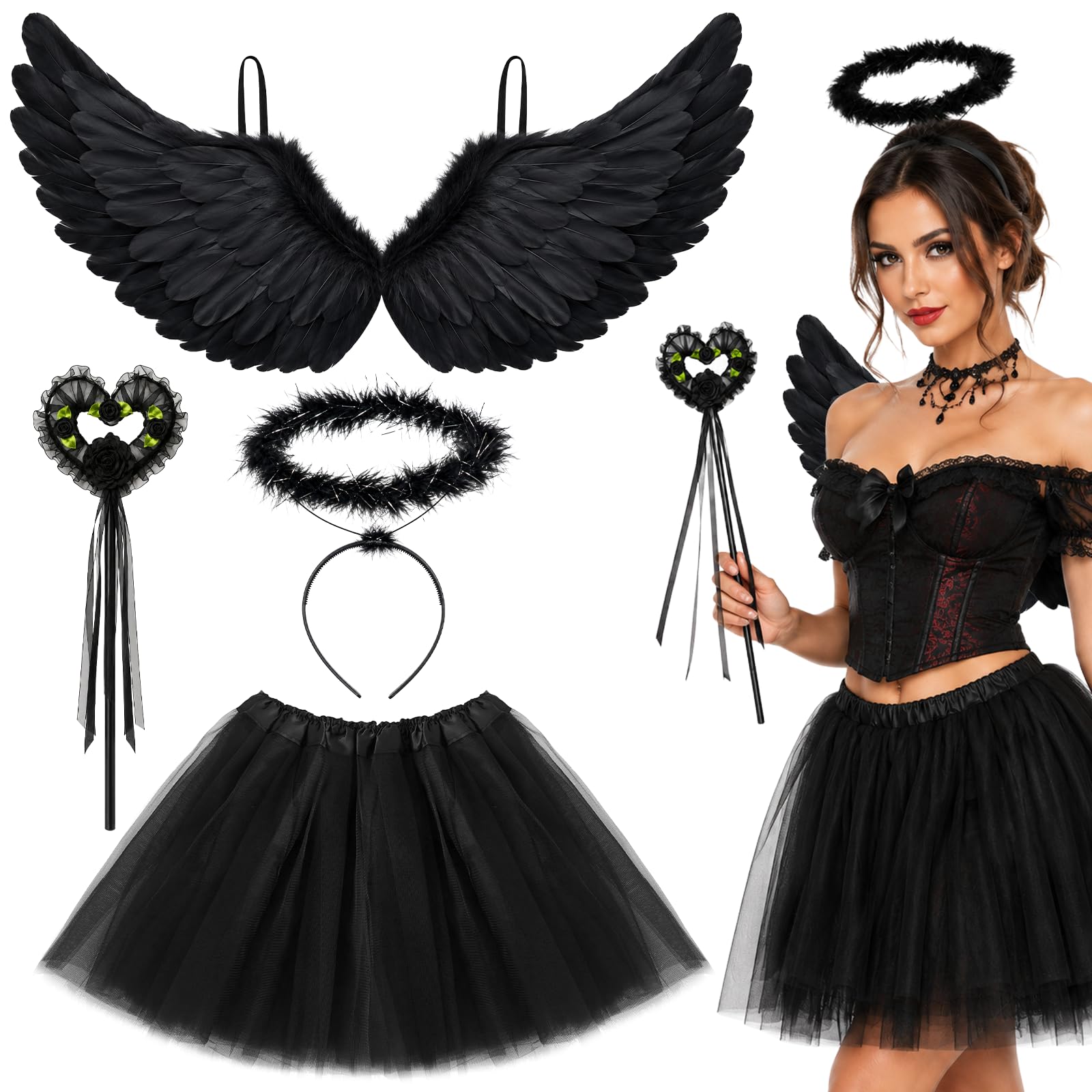 LYNERNOR 4Pcs Black Angel Wings Set for Women, Dark Angel Costume Kit with Wing Halo Headband Tutu Skirt Wand for Halloween Carnival Themed Parties Cosplay