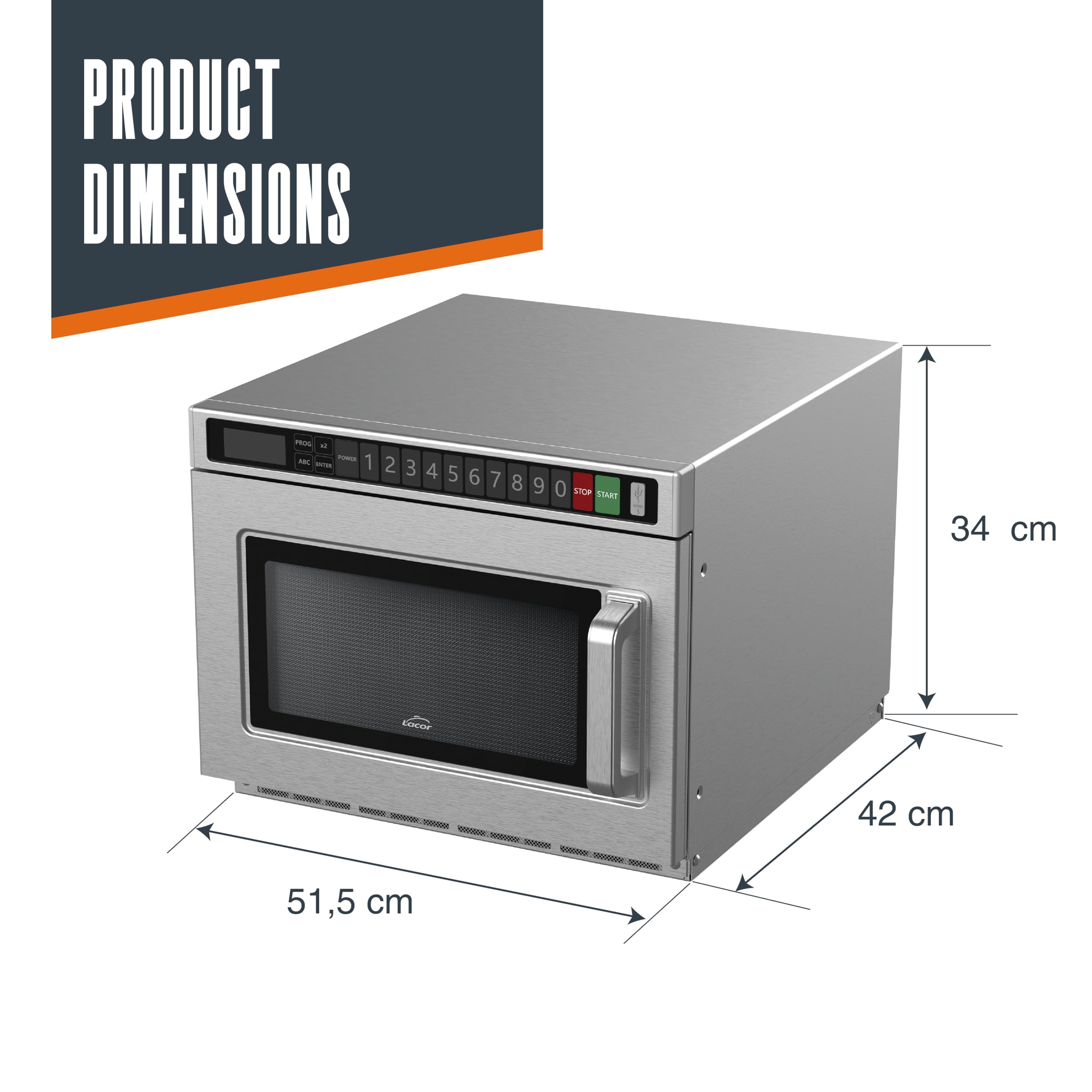 LACOR - 69482 - Four Micro-ondes Professionnel DuoHeat Pro Acier | Double magnétron de 1800W; 297 programmes configurables par USB; base céramique; capacité 18L; idéal pour l'hôtellerie