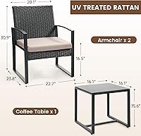 Vista 6 de juego de 3 piezas de mimbre para patio, juego de conversación de ratán con mesa de café, para balcón, porche, jardín, patio, alberca, marco negro