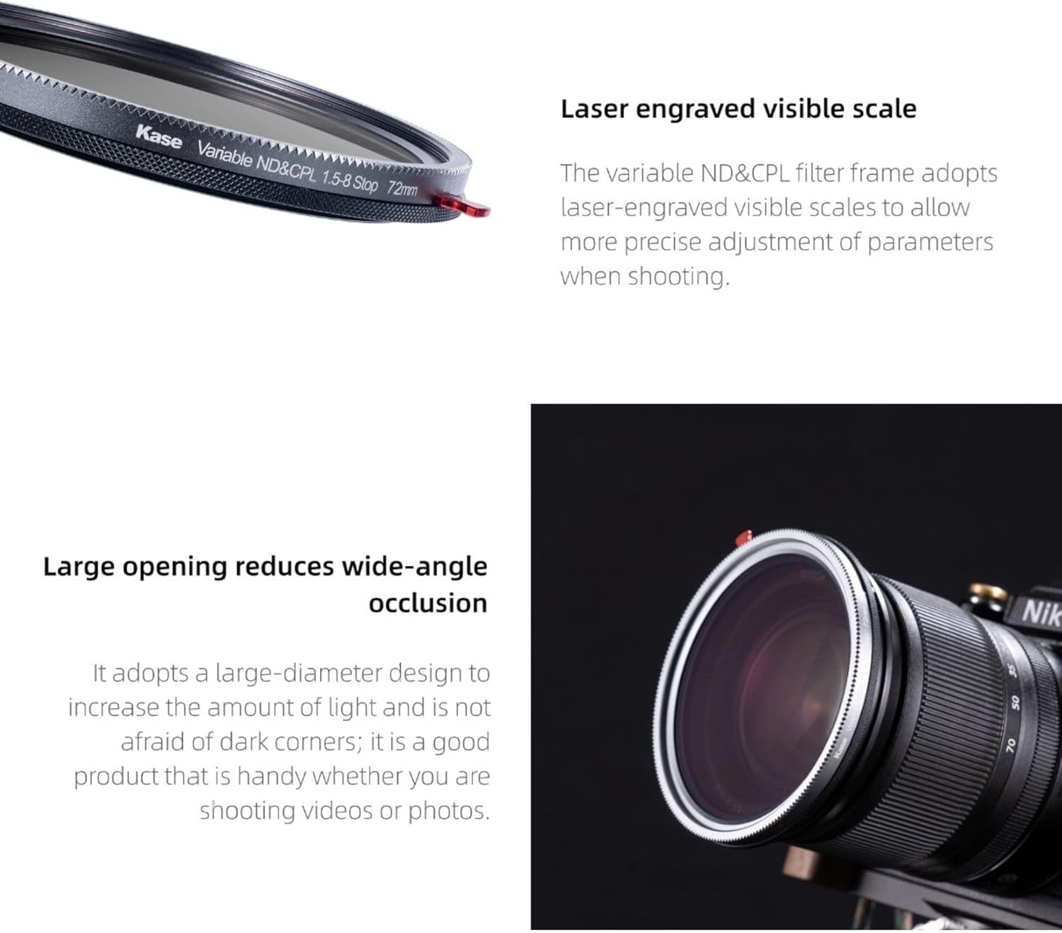 Kase 77mm & 72mm Dual Size Variable ND3 to ND236 + CPL 2 in 1, 1.5-8 Stops Adjustable Multicoated ND & Circular Polarizing Filter with Lens Cap + 72-77 Step-Up Ring, HD Optical Glass for Camera Lens