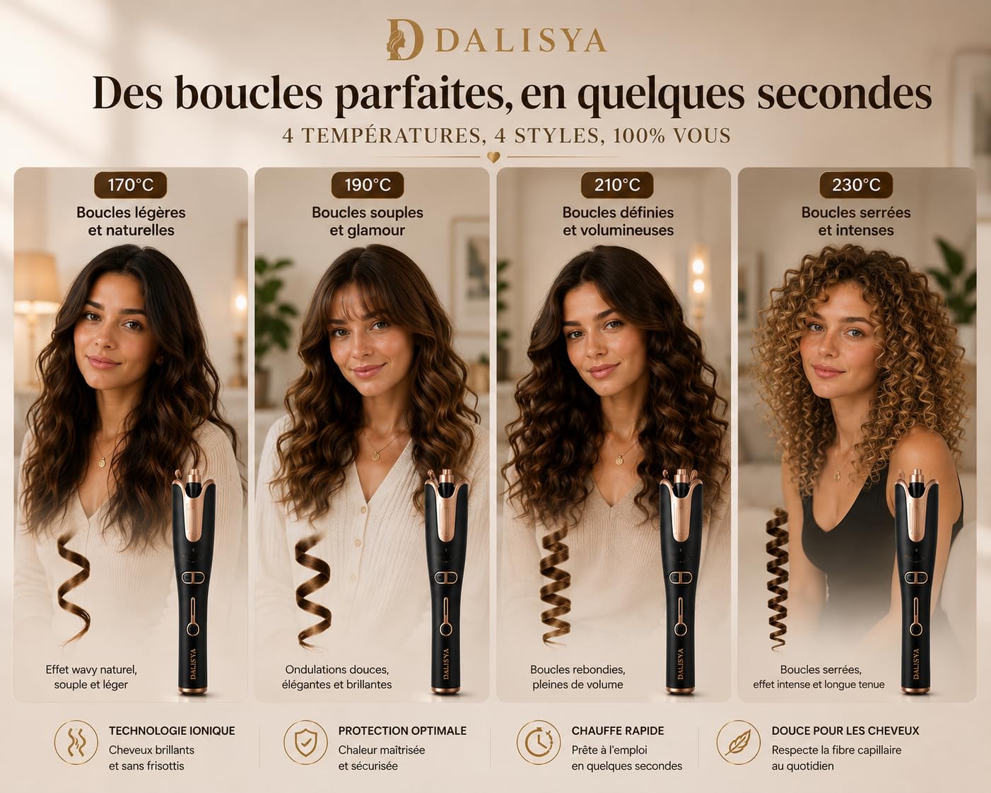 Boucleur Automatique DALISYA AutoCurl Élégance™ – Fer à Boucler Automatique Céramique 170-230°C – Boucles Naturelles Ondulations Wavy – Rotation Gauche/Droite – Idée Cadeau Femme