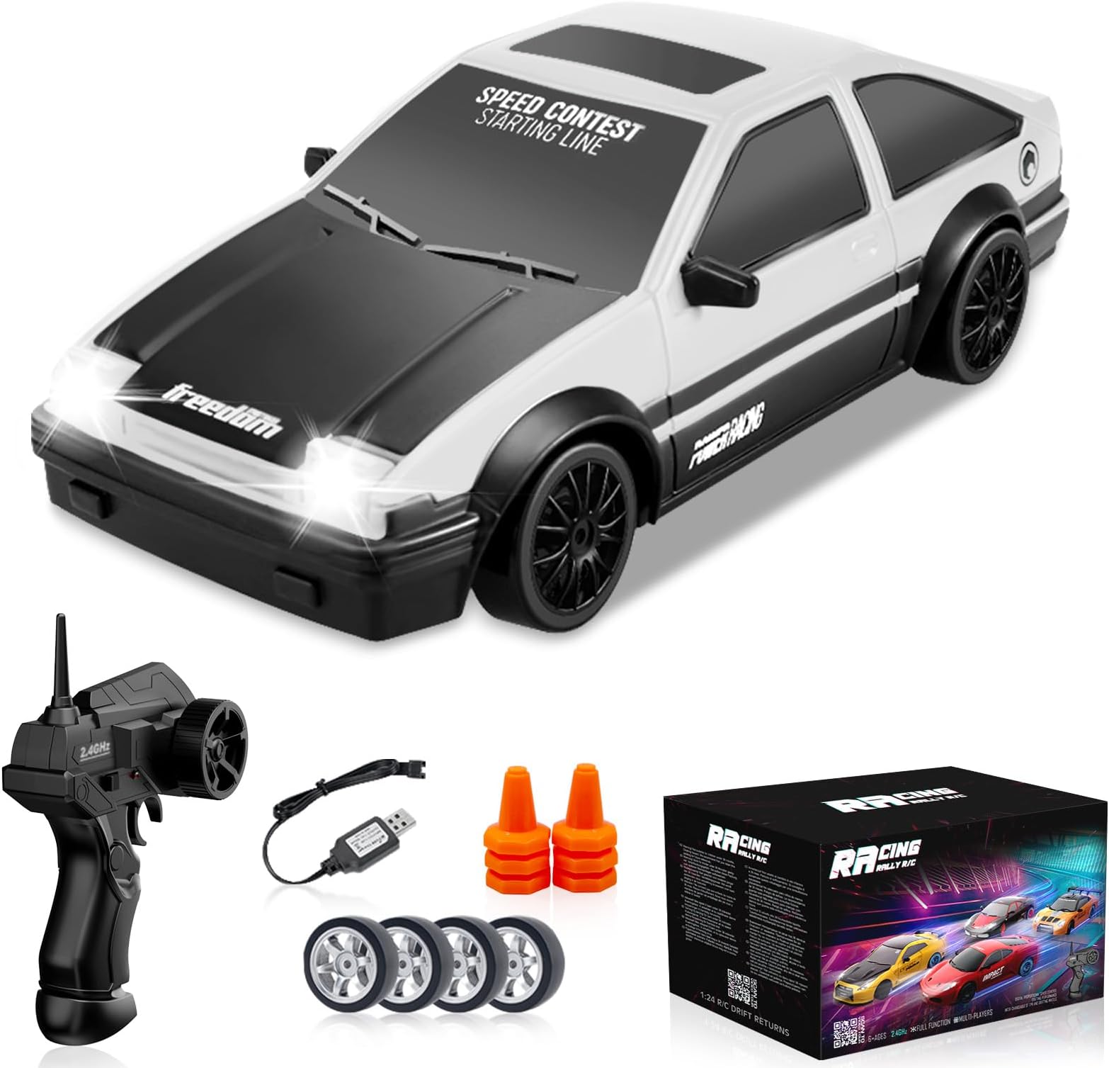 Remote Control Car RC Drift Car, 1/24 RC Car 2.4GHz 4WD RC Drift Racing Car High Speed RC Cars with Cool Lights, Rechargeable Battery and Extra Tires Birthday Gifts for (White) (HB-ZP1008)