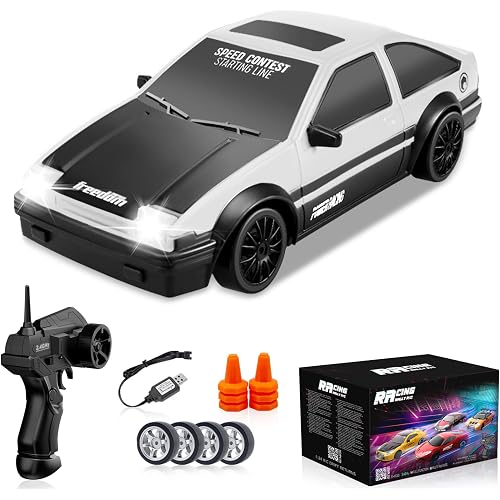 RC Drift Car 1/24 2.4GHz Remote Control Cars, 4WD High Speed Drift RC Cars with Cool LED Lights, Extra Drifting Tires Racing Toys Car for Kids Boys Girls Adults (White)