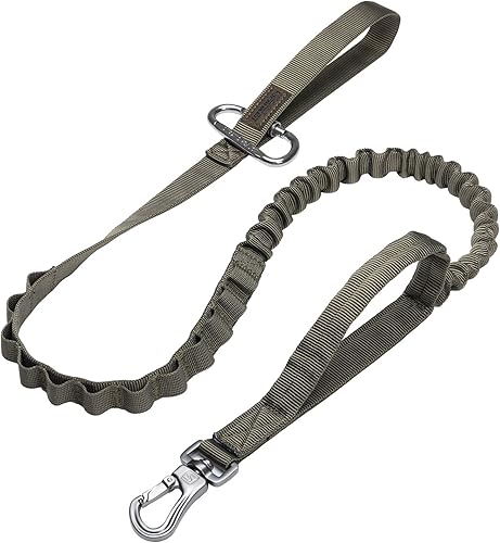 Miniatura 12 de EXCELLENT ELITE SPANKER Correa táctica elástica para perros con bungee, correa militar ajustable de liberación rápida con 2 asas de control (Negro)