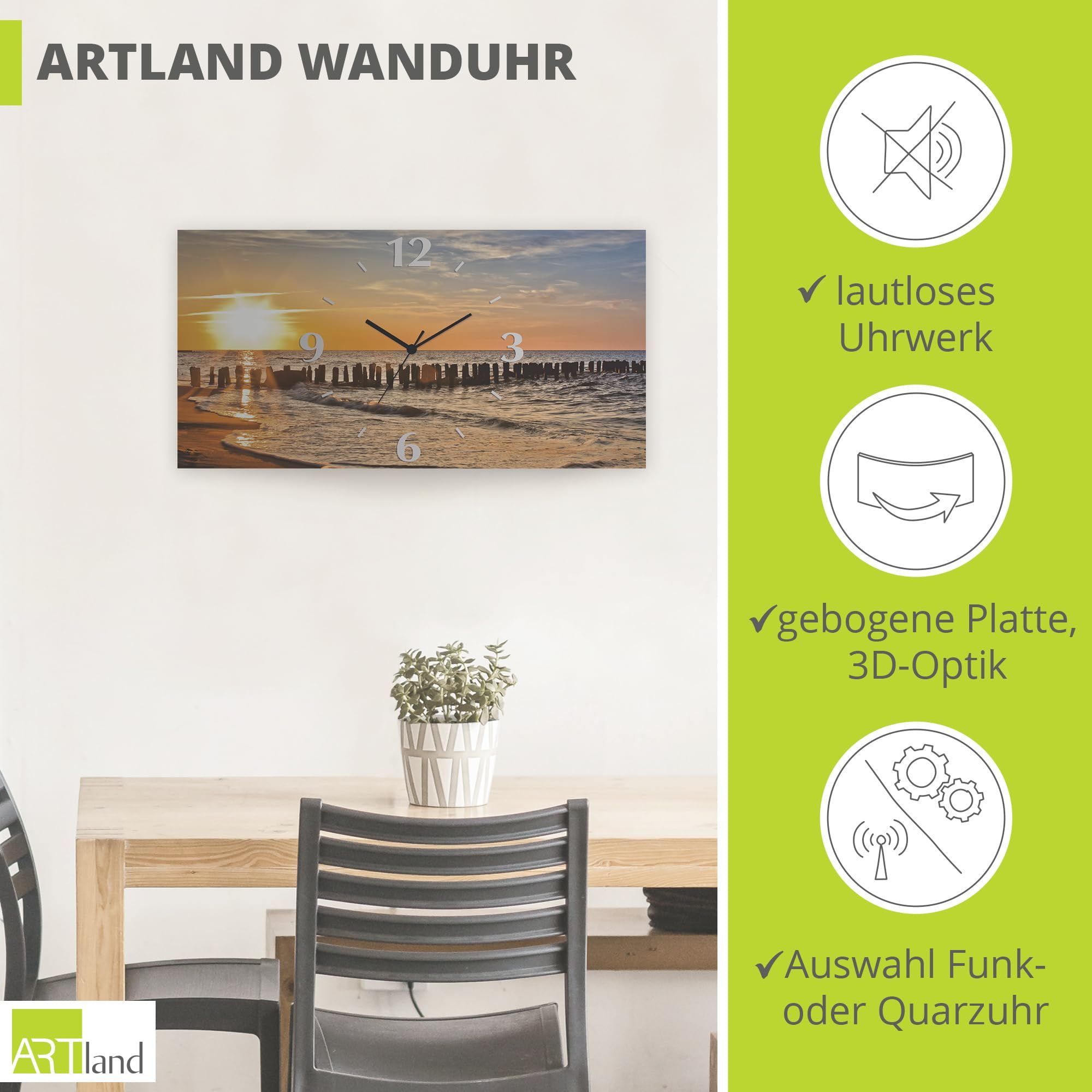 ARTLAND Wanddeko Wanduhr ohne Tickgeräusche Alu Quarzuhr 50x25 cm Rechteckig Lautlos Strand Meer Sonnenuntergang Sonne Urlaub Maritim T3ZU