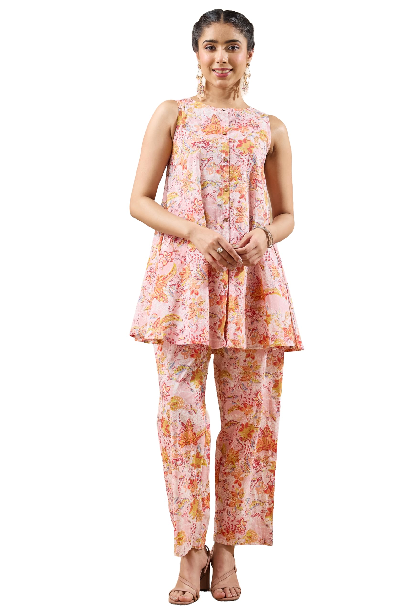 janasya Women's Light Pink Pure Cotton Floral Printed A-Line Co-Ord Set-picture-30