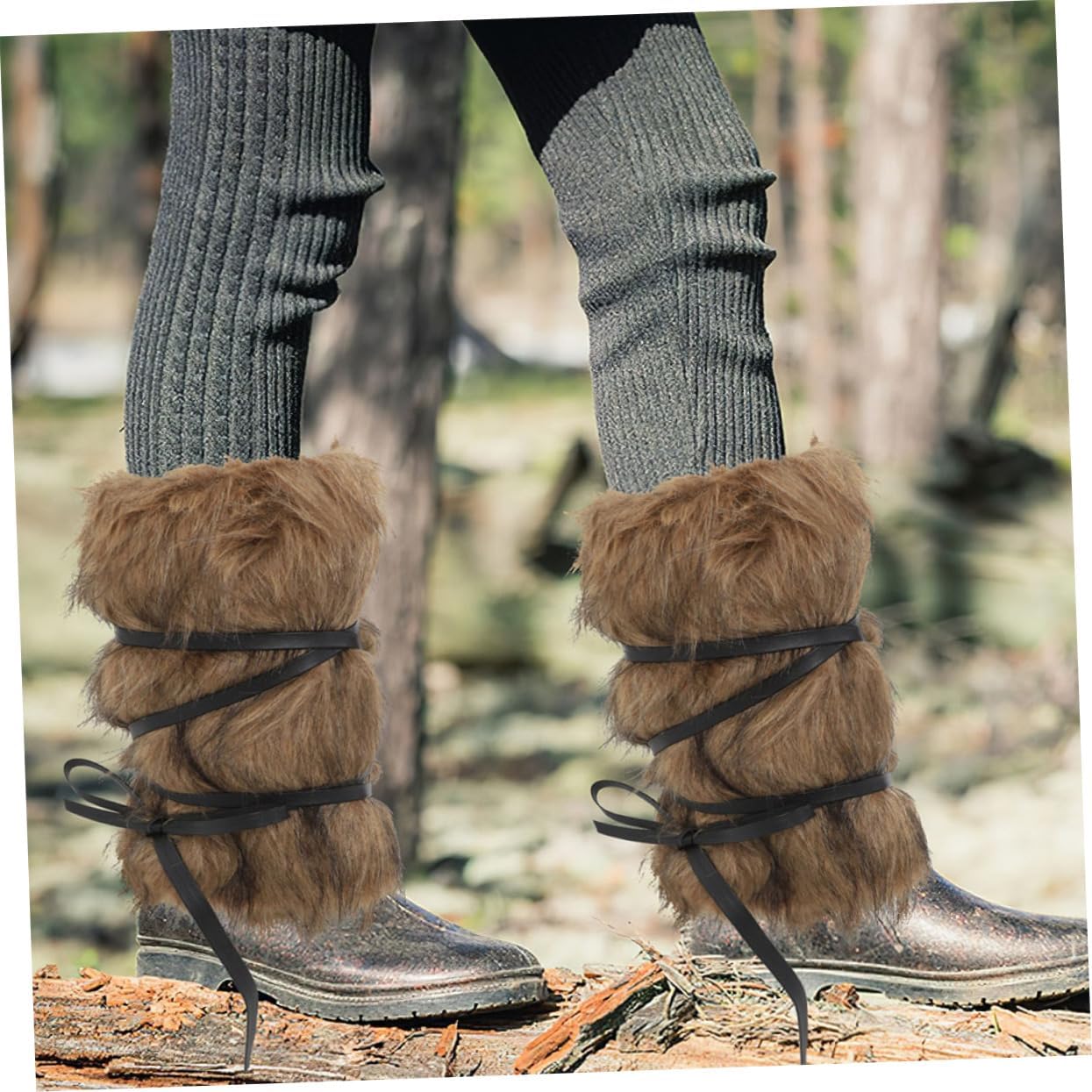 2pcs Viking Faux Fur Leg Warmers with Straps Unisex Winter Costume Accessories for Men and Women Cozy Fuzzy Boot Covers for Cold Weather Cosplay and Themed Events Brown