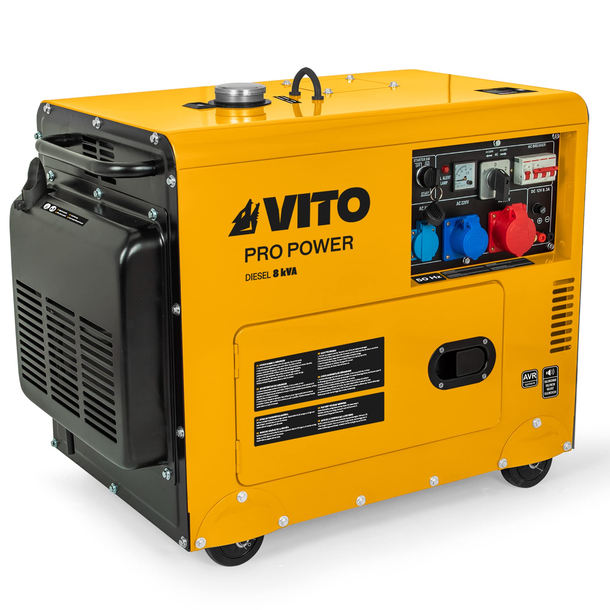 VITO – Grupo electrógeno 8 KVA Diesel monofásico/trifásico 4T 12CV 498 cm³ 6500W Arrancador eléctrico silencioso Autonomía 8h