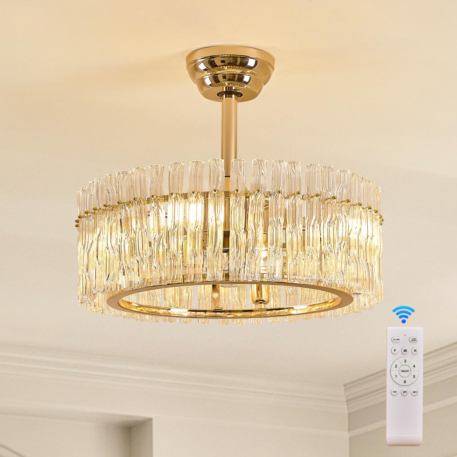 Photo 1 of HSMKL 20" Gold Crystal Fandelier Modern Ceiling Fans with Lights, Enclosed Caged Bladeless Chandelier Ceiling Fan with 6 Speeds for Bedroom, Living Room, Nursery