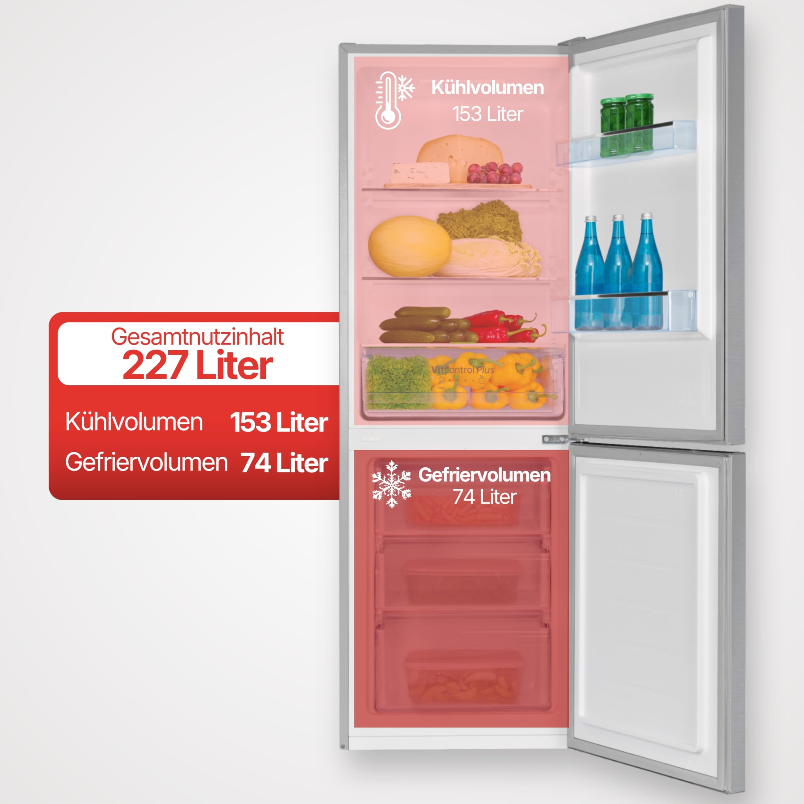 Amica Kühl Gefrierkombination freistehend 159 cm Höhe 227 l Nutzinhalt FrostControl VitControlPlus Schublade Superkühlen und Supergefrieren - Edelstahloptik