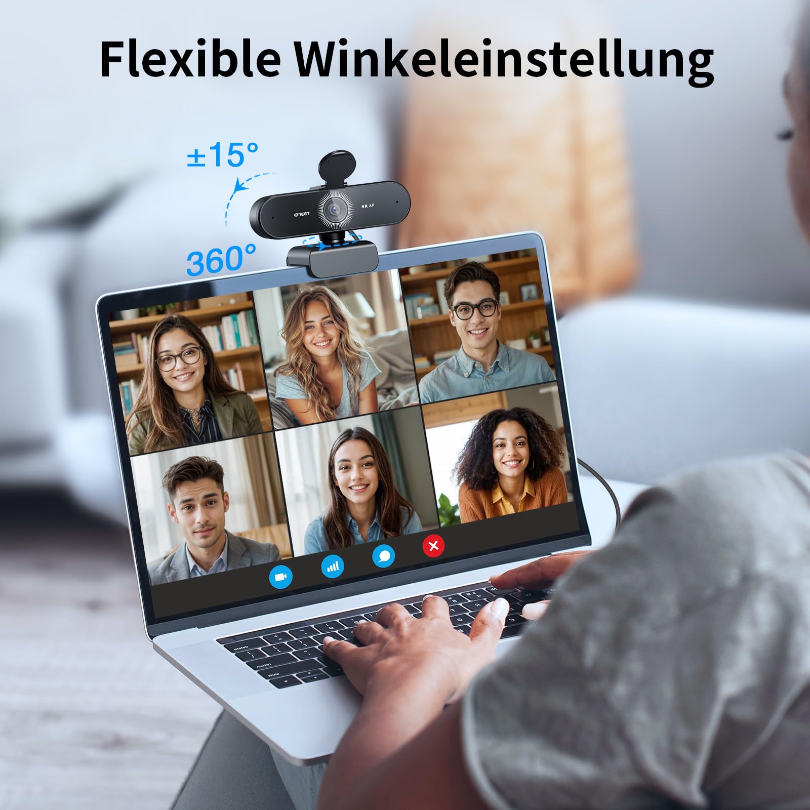 EMEET Webcam NOVA 4K, 4K Webcam mit 2 Mikrofon mit Rauschunterdrückung, Ultra HD Webcam mit 73° Weitwinkel und Objektivabdeckung, PDAF Autofokus, Web Cam für Mac, Laptop, Zoom, Teams