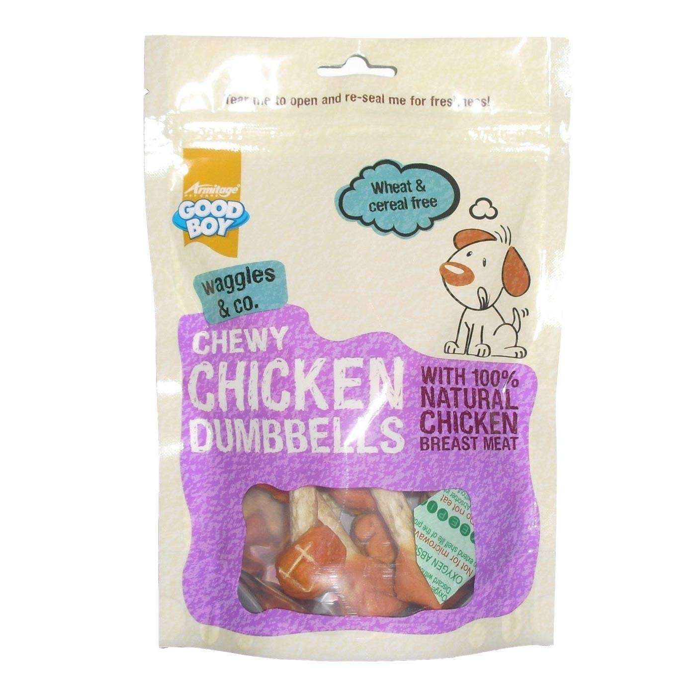 Good Boy Waggles and Co Chicken Dog Treats - Munchy Dumbbells Dry - 100g Bag