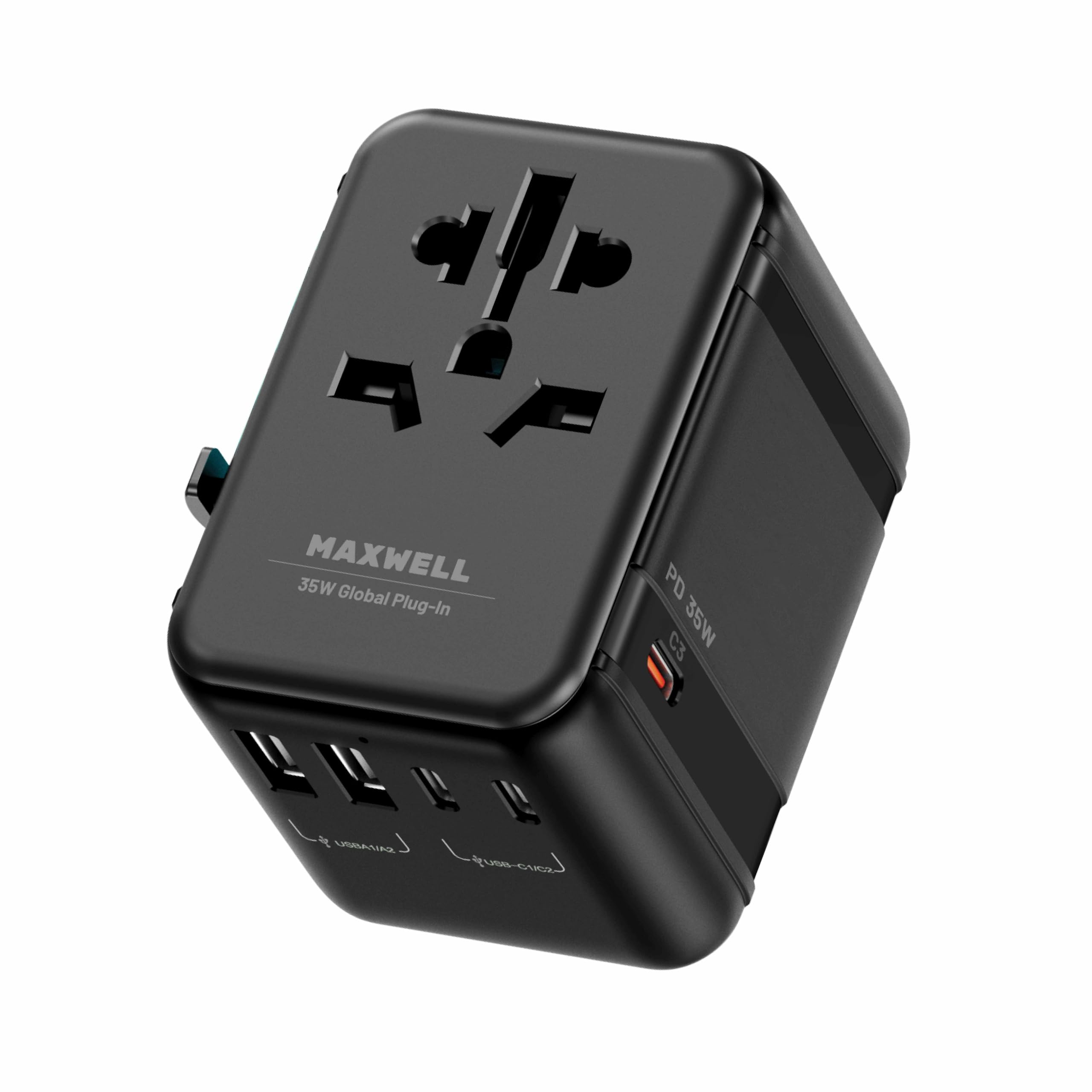 Maxwell 35W GaN Universal International Travel Adapter with 5 Port AC Travel Adapter Fast Charging Worldwide AC Outlet Plugs for USA, New Zealand, UK, Europe Travel Adapter