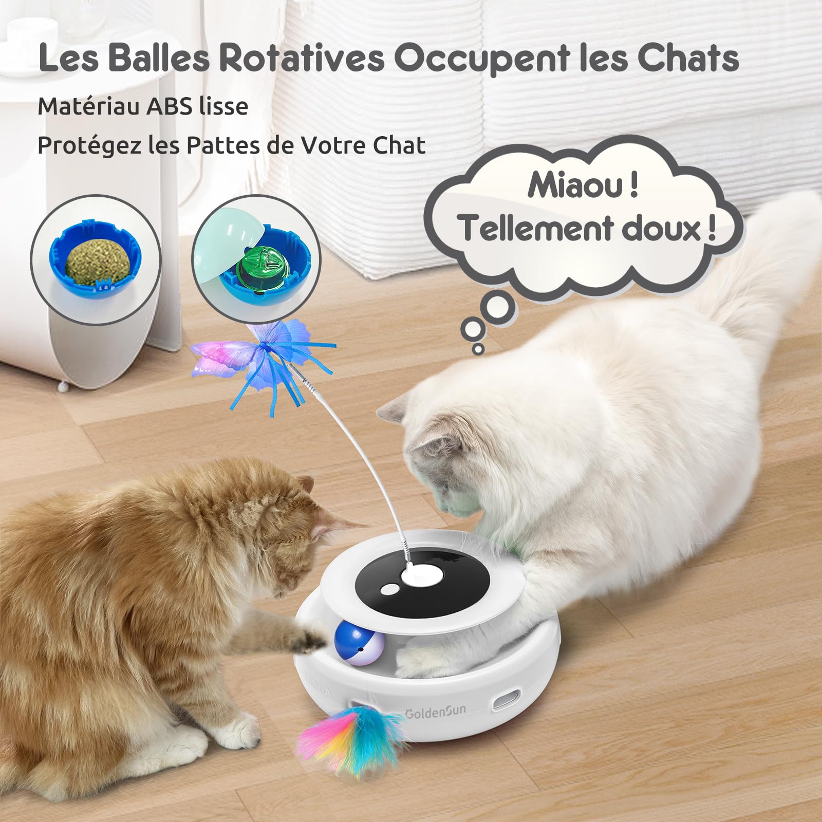 GoldenSun Jouet pour Chat, Jouet Interactif électrique 3 en 1 pour Chats, Whack-A-Mole, Papillon Flottant, Balle Incluse, Jouet pour Chat Rechargeable par USB avec 4 Accessoires
