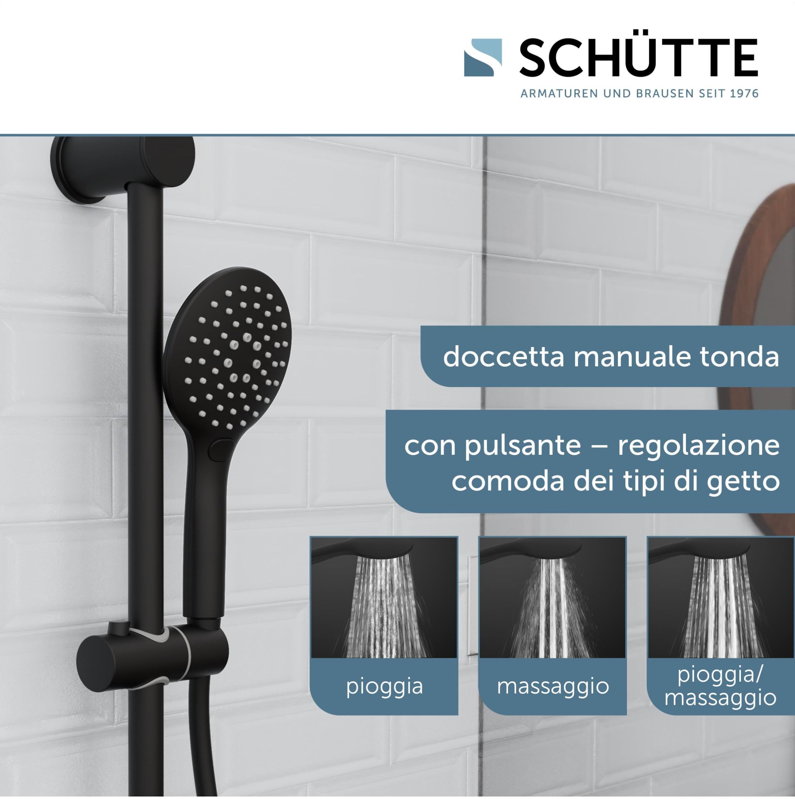 SCHÜTTE RAVEN - Asta doccia e doccetta con soffione regolabile in 3 posizioni, set doccia con colonna doccia, pannello doccia a pioggia con tubo flessibile, colore: Nero