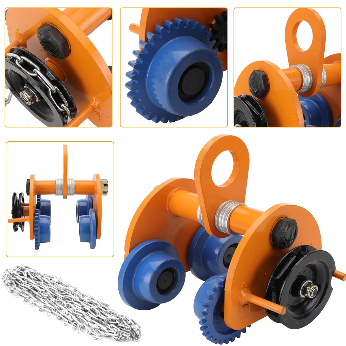 Laufkatze 2000kg Tragkraft Rollfahrwerk mit Doppelrädern, für I-Strahlbreite 94-124mm, Manuelle Kettenzug Laufkatze mit 3m Ketten