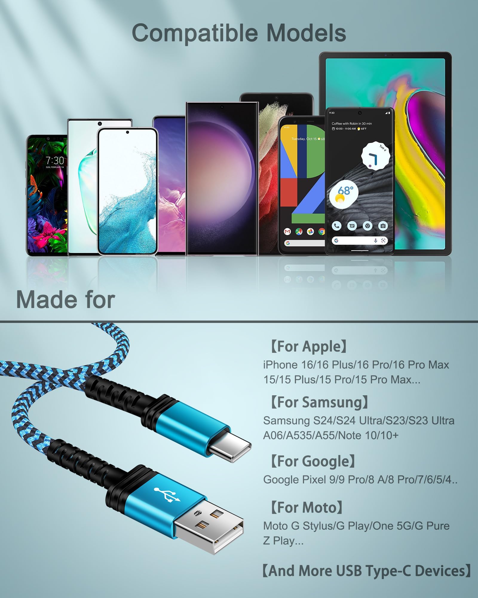 Paquete de 3 cables de carga USB C de 3/6/10 pies de carga rápida para iPhone 15/15 Pro/15 Pro Max/15 Plus, Android Samsung Galaxy A25 A15 5G A14 A13 S23 Ultra S22 USBC Type-C Pixel 8 Pro 8 7 7a,