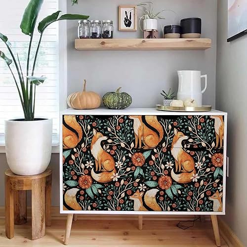 Miniatura 5 de Papel tapiz autoadhesivo de 18 x 236 pulgadas, diseño floral de zorros salvajes oscuros, papel de contacto extraíble, papel de pared fácil de