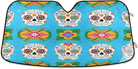 Qilmy Car Windshield Sun Shade,Colored Sugar Skull Foldable Visor Protector Keep Cool Sunshade Blocks UV Rays and Accessories to Protect for Cars,SUVs,Trucks-(M) 127