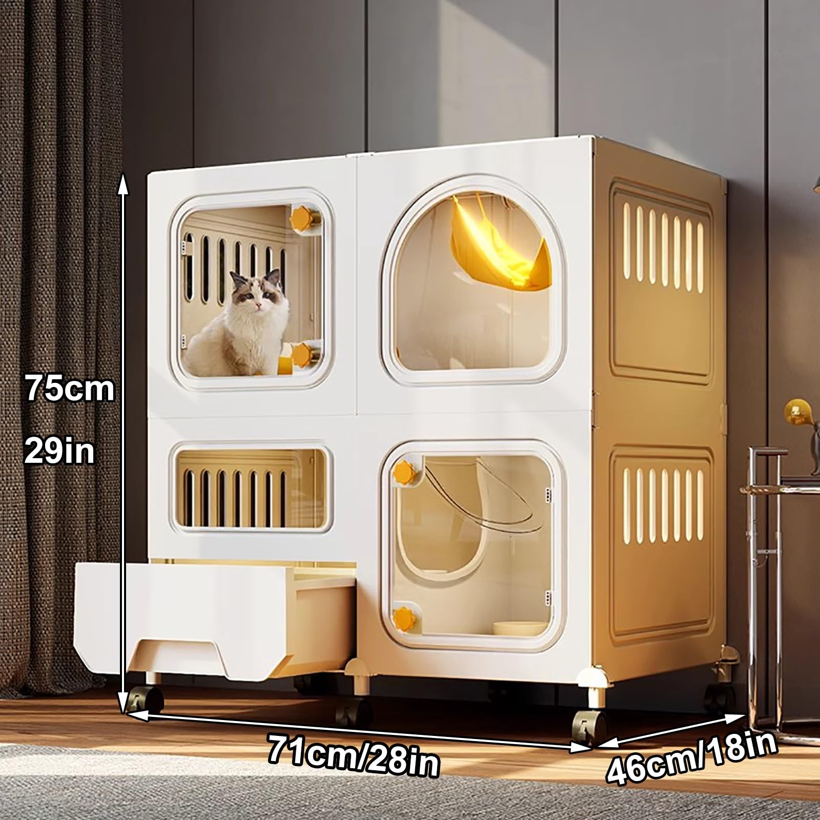 Jaula para Gatos con Ruedas, Jaulas para Gatos de Interior con Caja de Arena, Casa para Gatos de Interior, Recinto para Gatos de 2 Niveles para Bricolaje, para 1-2 Gatos