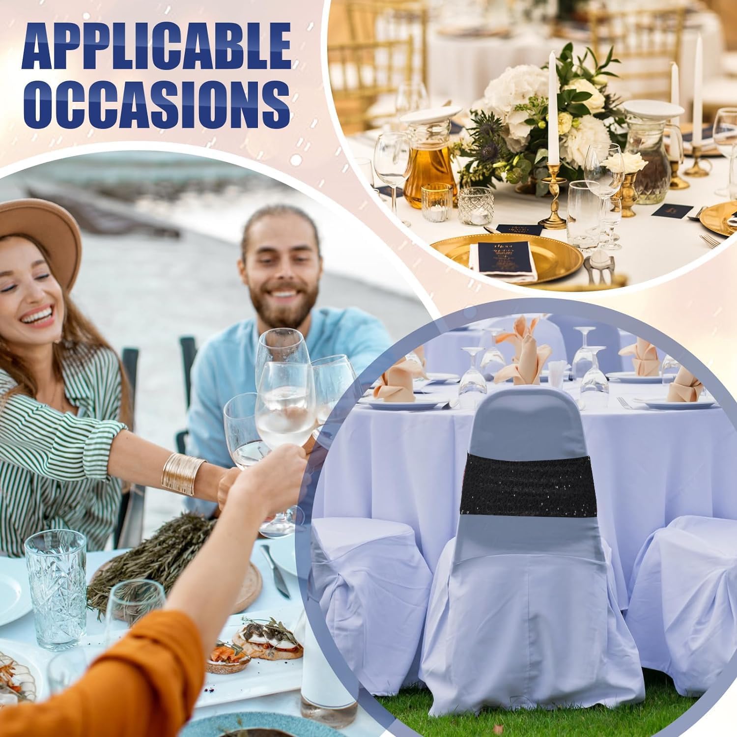 Deisy Dee Pack of 20 Spandex Sequins Shiny Bands for Folding Chair Bow Ties for Party Wedding Dining Chairs Decor (Black)