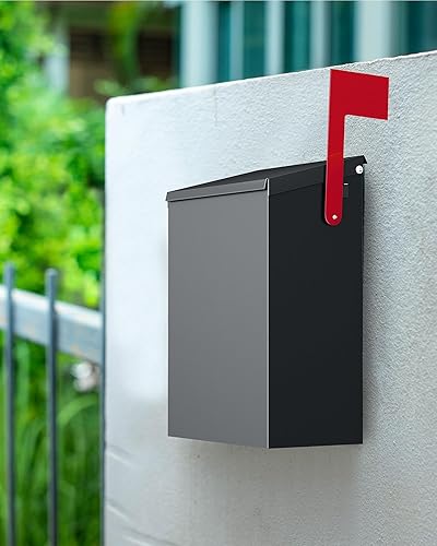 Miniatura 26 de LAND·VOI Buzón de pared con un kit de bandera y tres juegos de calcomanías de números de buzón de 0 a 9, buzones para exterior, buzón de metal Negro