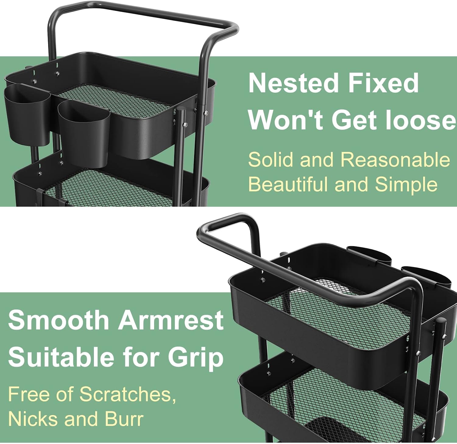 Three Tier Rolling Cart, Metal Utility Cart with Wheels, Roller Cart with Handles, Rolling Cart Organizer Metal Basket, 4 Hooks and 2 Hanging Bucket(Black)