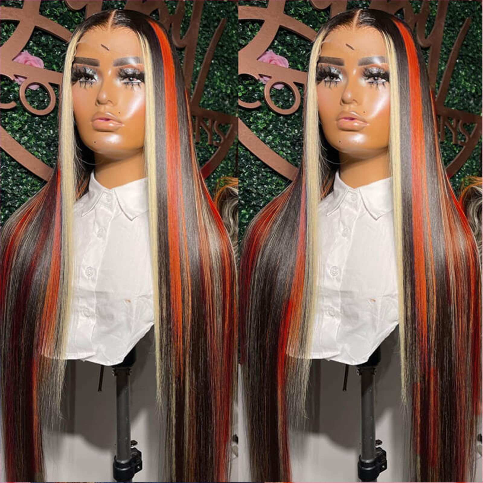 Ginger brown lace front wig with blonde highlights straight Amazon.com : Ginger Blonde Highlight Lace Front Wigs Human  main image 2