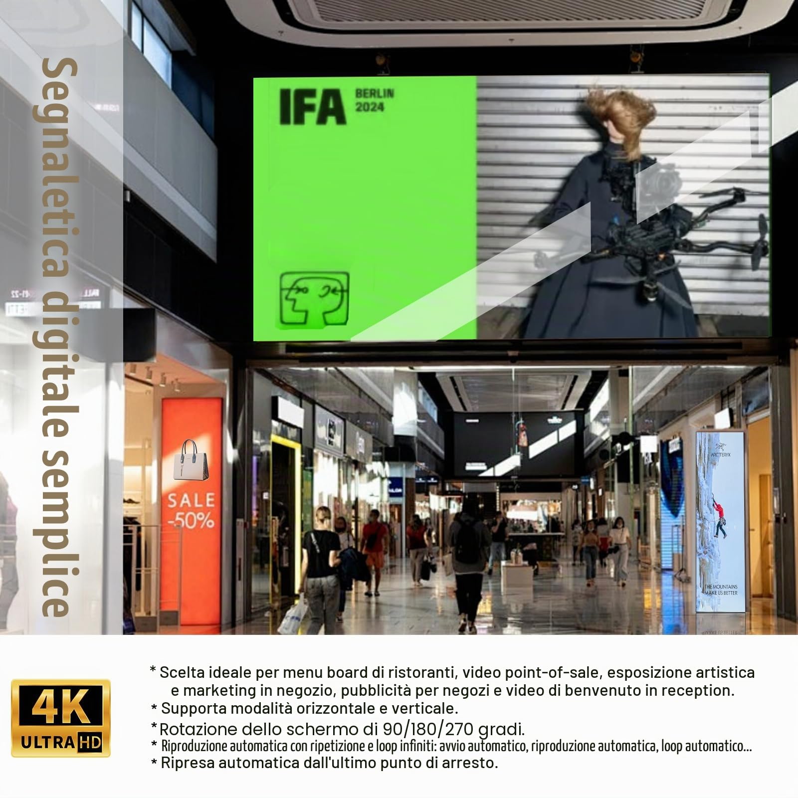 ZUMKUNM Lettore multimediale digitale 4K UHD e 1080P per unità USB e schede MicroSD, Digital Signage, H.265/HEVC H.264/AVC MP4 MKV Video MP3 Music JPG Photos,4K HDMI,Analogico AV,Auto Play and Resume
