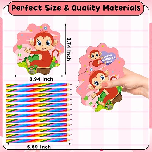 Miniatura 3 de LYYLYYWUHU Tarjetas del día de San Valentín con 28 lápices de colores arcoíris para niños pequeños, tarjetas de felicitación de San Valentín,