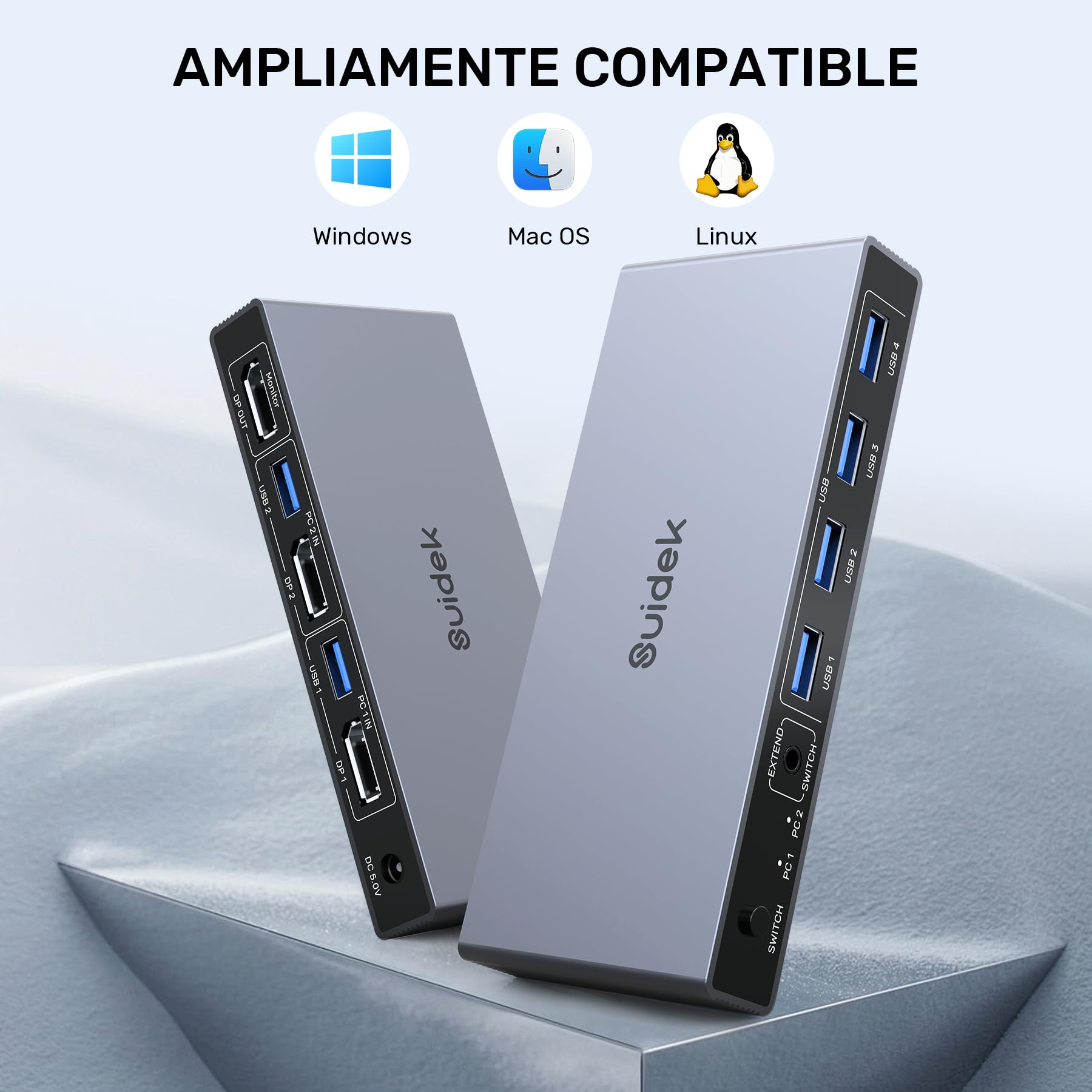 SUIDEK Displayport KVM Switch 1 Monitor 2 Ordenadores, 8K@60Hz DP DP KVM Switch 2 en 1 Salida USB 3.0 KVM Switcher con 4 Puertos USB, Incluye Desktop Controller, 2 Cables USB y Adaptador de Corriente