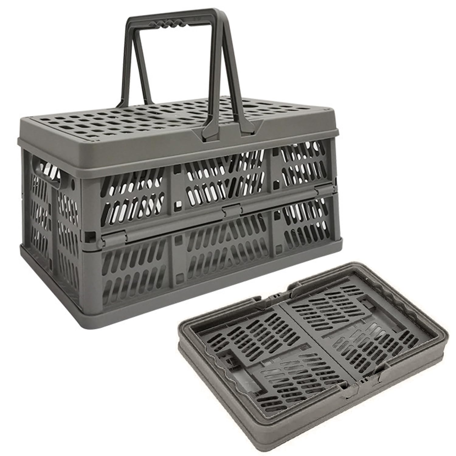 STAYOUNG Storage Crates - Foldable Basket, Plastic Storage Box with Handle and Lids, Crate Bin for Desk Organizer Stackable Containers for Home Kitchen Office Bathroom Storage (Grey, 11.8x7.9x6.1")