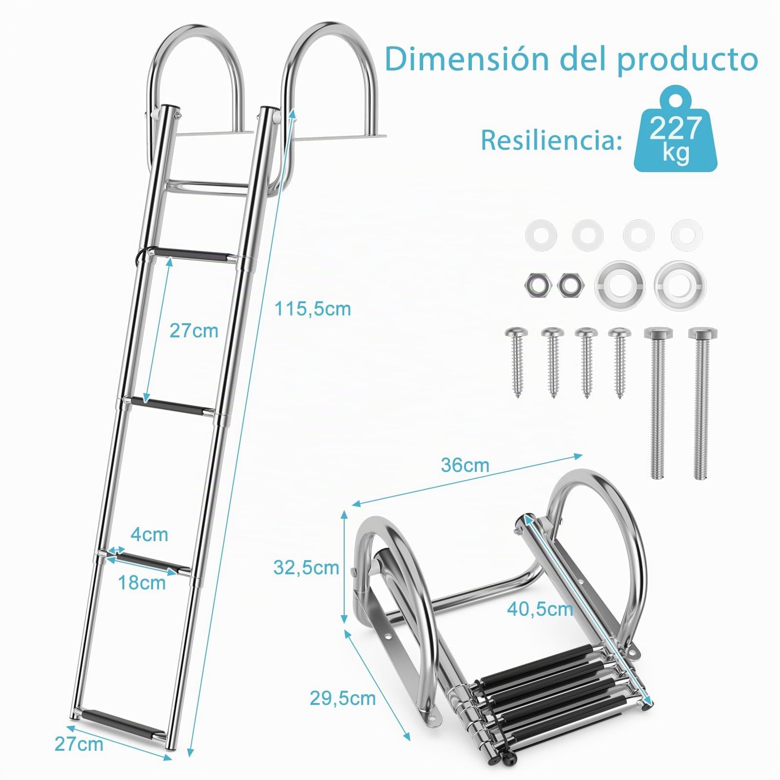 SOARS Escalera Plegable de Acero Inoxidable - 4 Peldaños, Telescópica con Pasamanos y Pisos Antideslizantes - Capacidad 227 kg - Ideal para Barcos, Baños y Cubiertas, Fijación Trasera de la Escalera