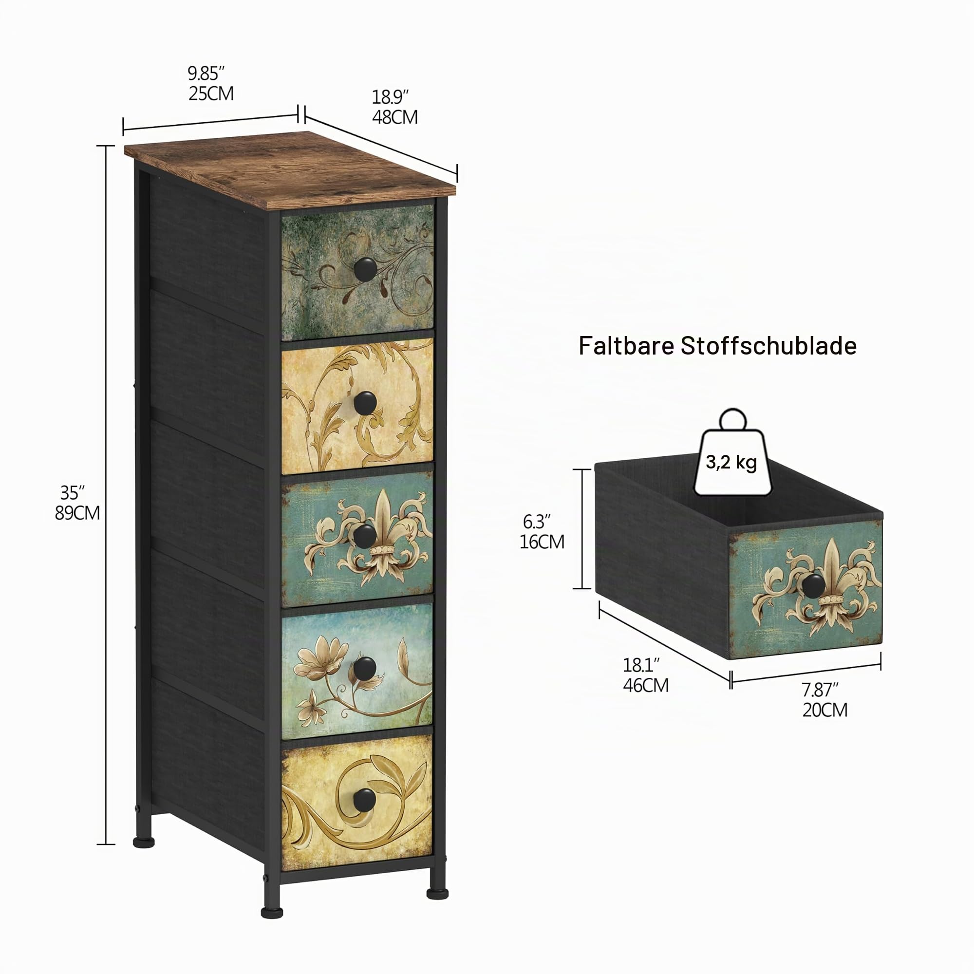 VEDECASA Kommode Schmal Schrank mit 5 Schubladen aus Stoff Böhmische Schminktisch Kommodenschrank Schubladenschrank für Schlafzimmer Wohnzimmer Flur aus Metallrahmen Holzwerkstoff Vintage-Holzoptik