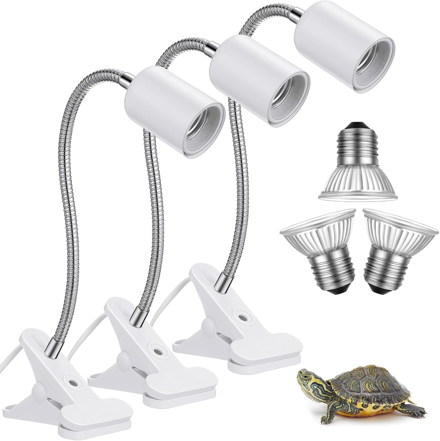 3 Set Reptile Heat Lamp UVA/UVB Turtle Heat Lamp Holder Fixture Clamp Basking Spot Adjustable 50w Full Spectrum Sun Sunbathe Bulb for Turtle Lizard Bearded Dragon Snake Aquarium Amphibian(White)