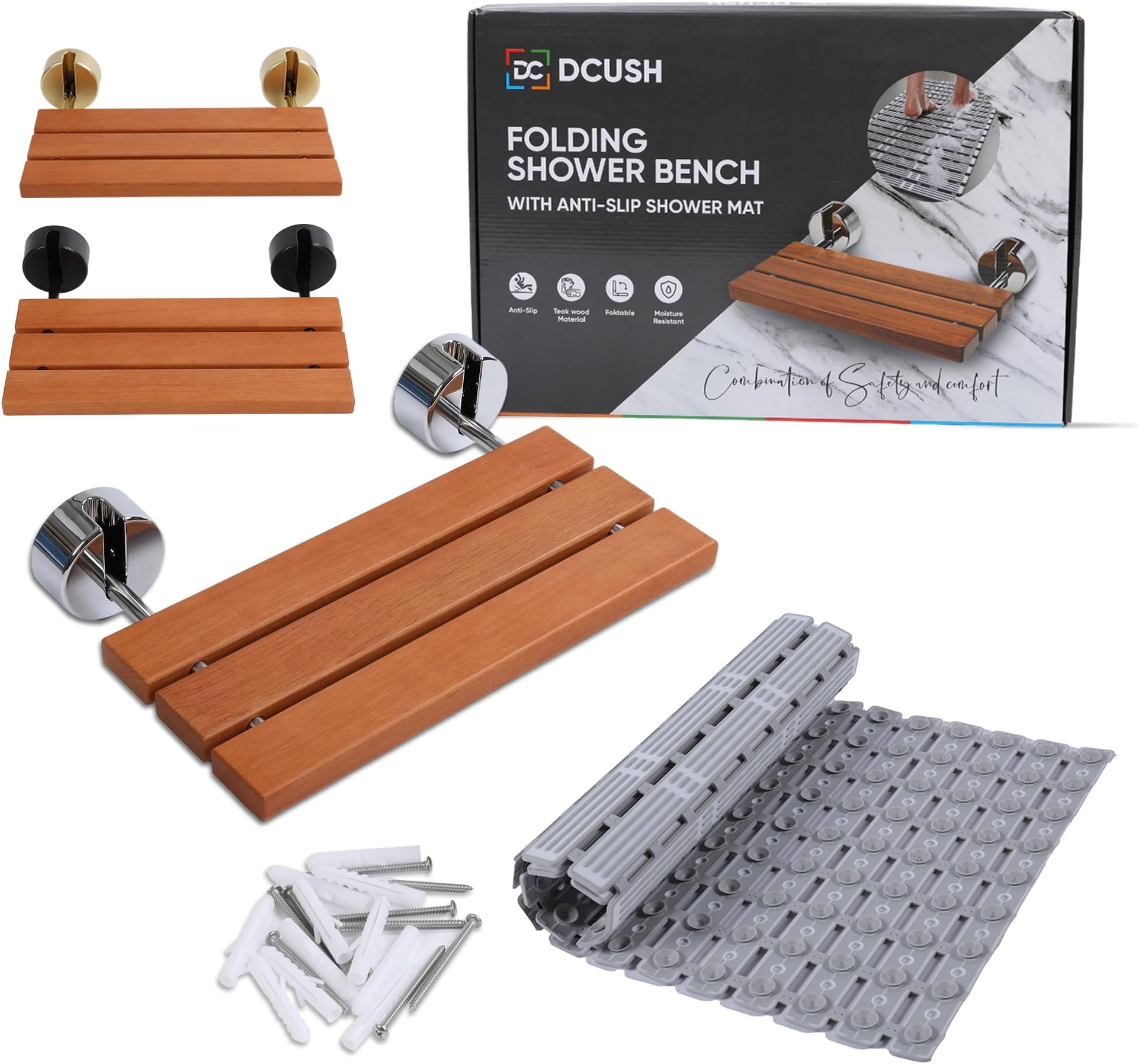 DCUSH Brass 20" Wide Wall Mounted Teak Folding Shower Bench