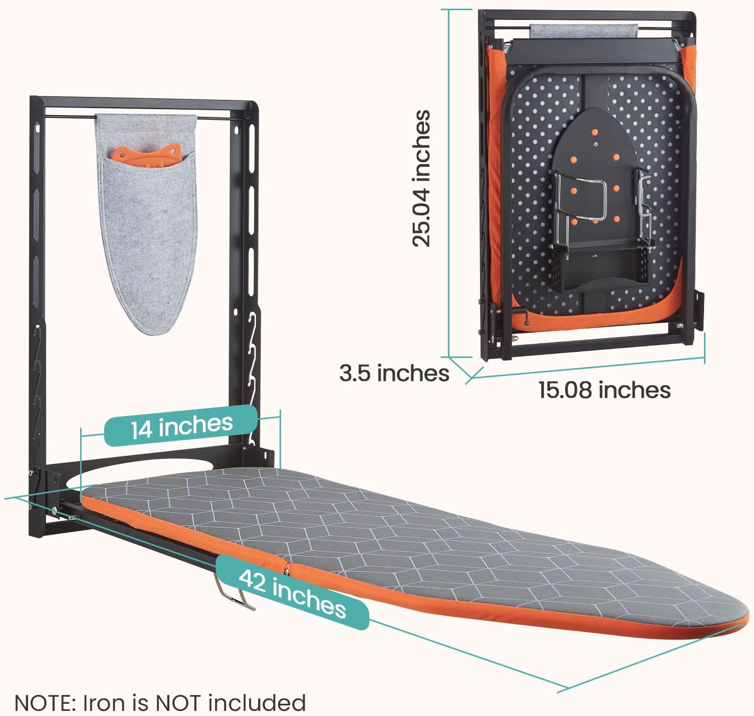 Seiritex Wall Mounted Ironing Board with Iron Holder, 42x14 Compact Mount Foldable Ironing Board for Small Spaces, Space Saving with Cotton Fabric Cover and Silicone Iron Rest
