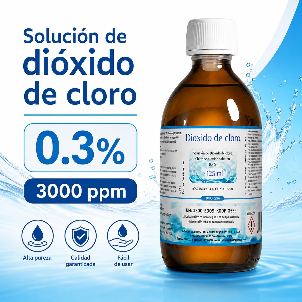Dioxido de Cloro 3000ppm - CDS 0,3% - Envasado en Botella Cristal Ambar - Fabricado en España (125ml)