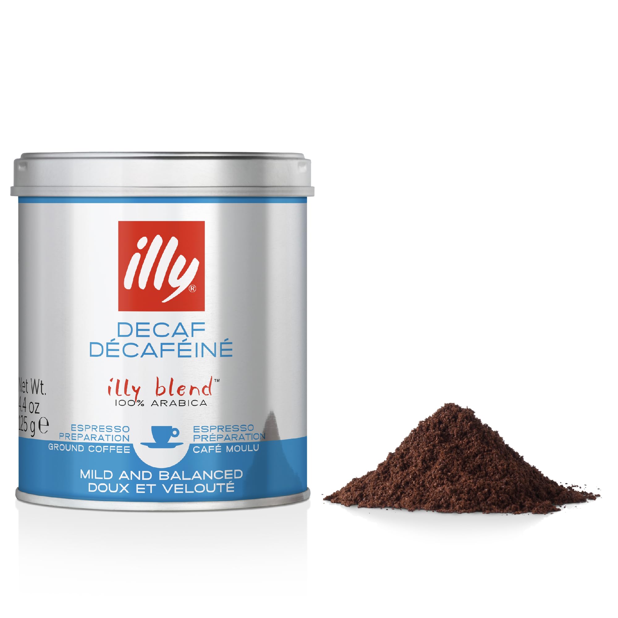 illyGround Coffee for Espresso Decaffeine Inch, 100% Arabica with Notes of Caramel, Chocolate and Roasted Bread, Caffeine-Free, Harmonious Flavour, 1 Tin of 125 g