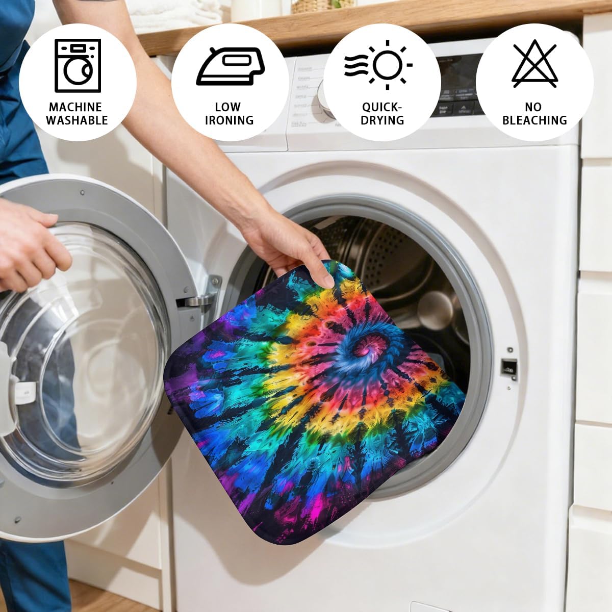 4 Piece Tie Dye Shower Curtain Set with Non-Slip Rugs, Toilet Lid Cover, Bath Mat Boho Psychedelic Swirl Rainbow Hippie Bathroom Decor with 12 Hooks, 72 x 72 Inch