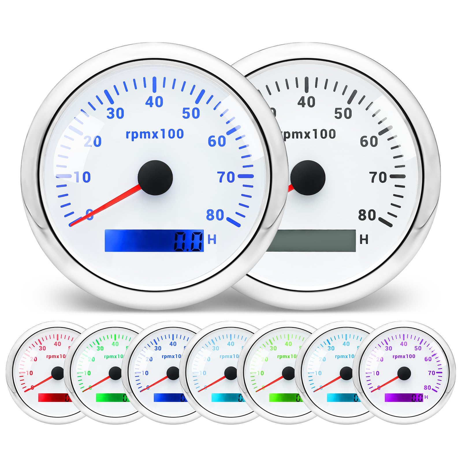 MH Tachometer 3-3/8" 85mm 8000RPM Tach Boat RPM Gauge 7 Color Waterproof for AUTO Car Truck Marine（White）
