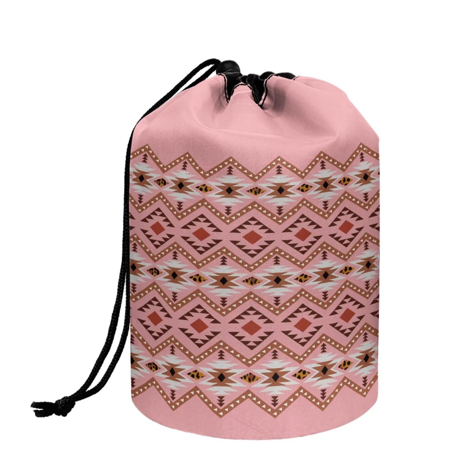 ZCFYGDX Large Capacity Portable Makeup Box Travel Makeup Bag for Women with Portable Handle Drawstring Organizer Cosmetics Pouch Pink Aztec Print