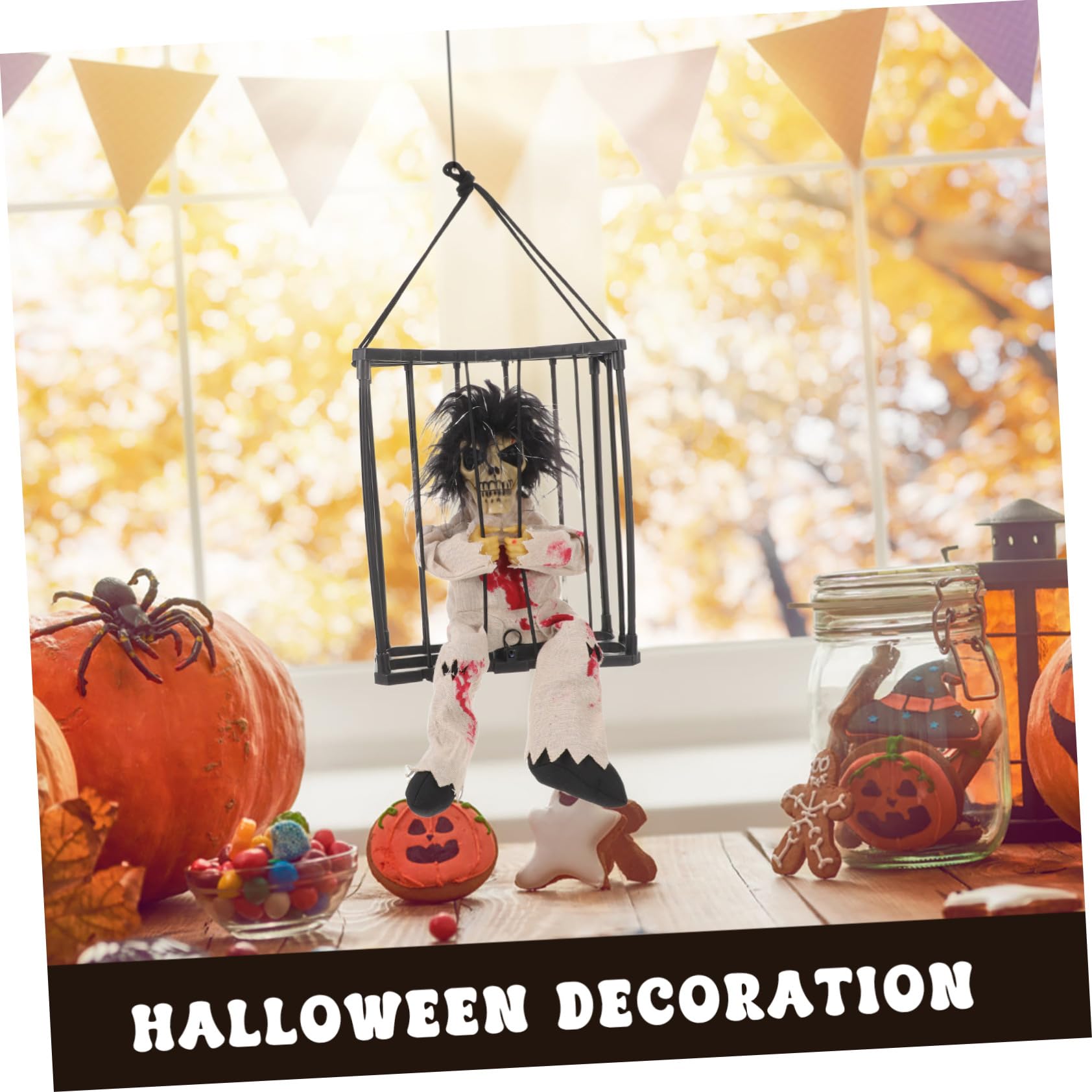 Decorazione Halloween Scheletro Animato con Sensore di Movimento Gabbia Fantasma Elettrica con Effetti Sonori Spaventosi e Stampa Leopardo Addobbo Horror da Appendere per Feste e